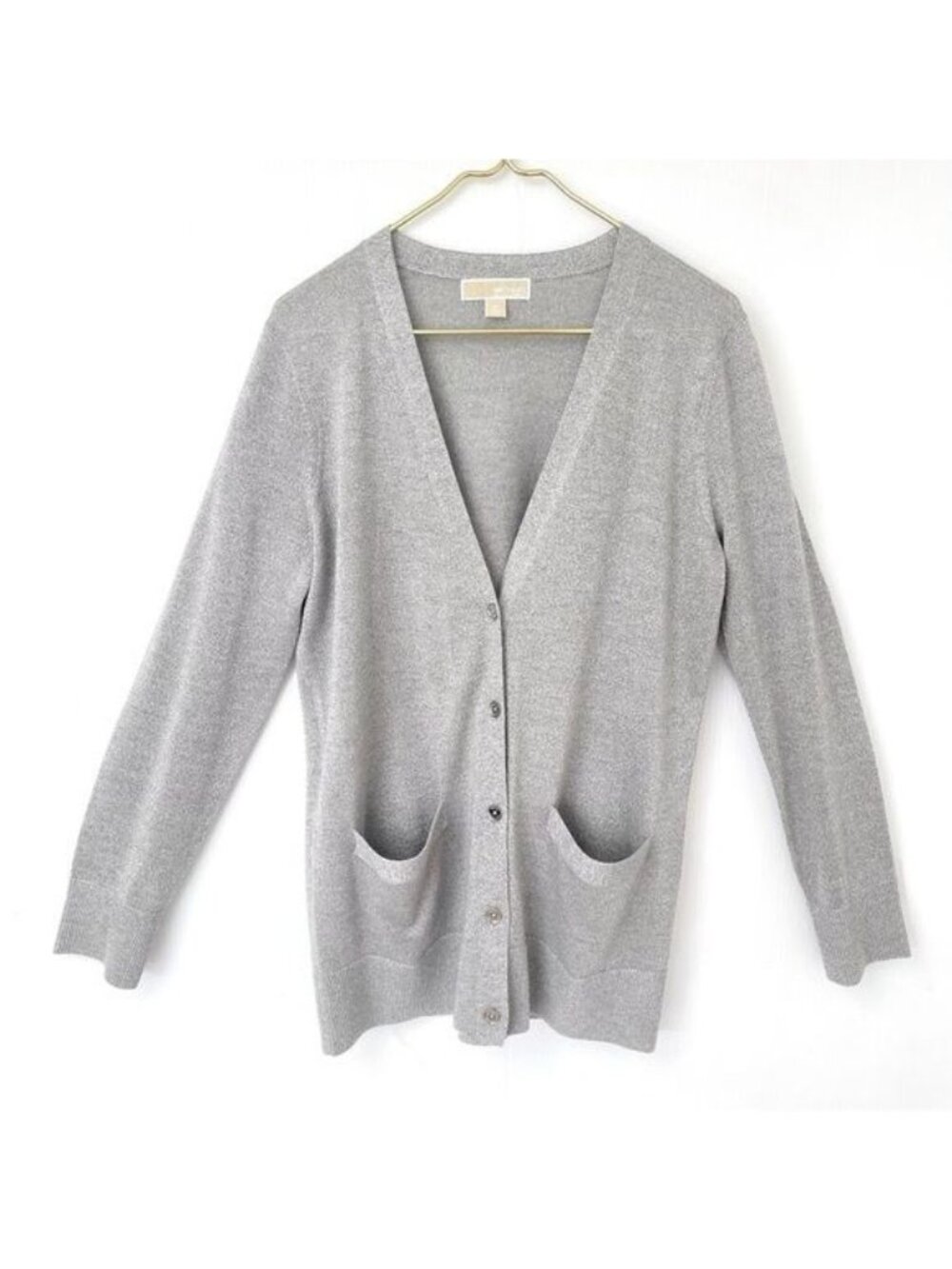 Michael Kors gray sparkle silver wool cardigan pockets & front silver buttons M